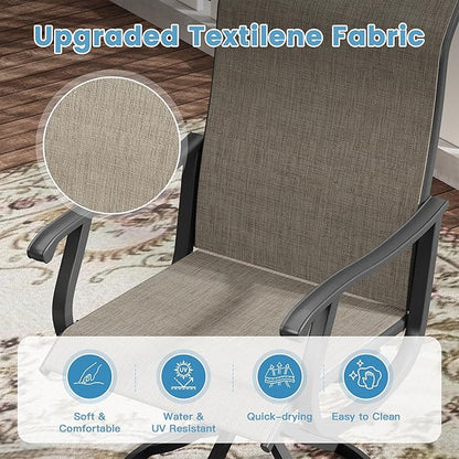 DIFY 7 Pieces Outdoor Patio Dining Set, 6 Brown Textilene Swivel Dining Chairs and 53" Walnut Round Metal Dining Table, Outdoor Table and Chairs