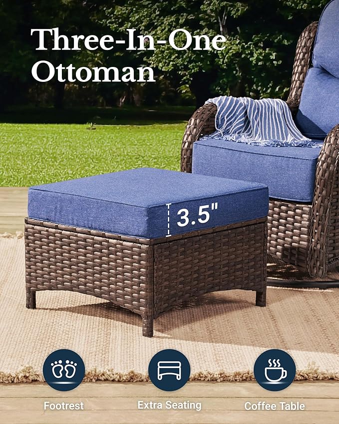 HILLGA Luxury Patio Furniture Set with 6-Inch Thick Cushions, High Back Outdoor Swivel Rocker Chairs and Ottoman, 5-Piece All Weather Conversation Set for Porch Deck Balcony Yard, Blue (V3)