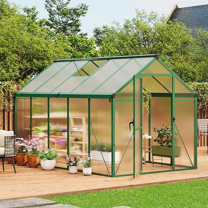6x10 FT Greenhouse for Outdoors, Polycarbonate Flower Greenhouse with Roof Vent, Push-Pull Lockable Door, Aluminum Walk-in Greenhouses for Outside Garden Backyard, Patio, Lawn, Green
