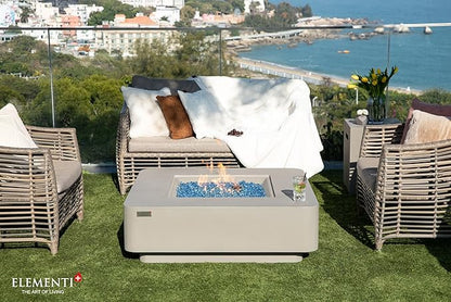 Elementi+ | Bundle Lucerne Gas Fire Pit Cast Concrete 42" Square Fire Table, Outdoor Fire Pit Electronic Ignition | Canvas Cover, Fire Glass and Burner Lid Included | Light Gray | Natural Gas