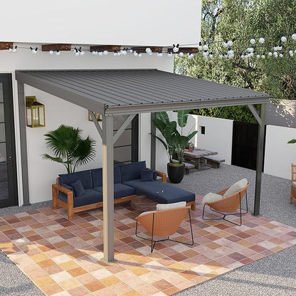 10x10FT Lean to Gazebo, Outdoor Hardtop Wall Mount Gazebo with Gutter & Sloping Galvanized Steel Roof, Metal Hard Top Awnings for Deck, Porch, Backyard