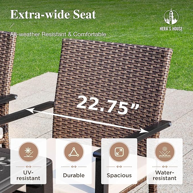 HERA'S HOUSE Patio Dining Sets for 6, Outdoor Rattan Chairs and Wood-Like Table with 1.57" Umbrella Hole, Modern Outdoor Table and Chairs for Deck, Balcony, Backyard and Garden