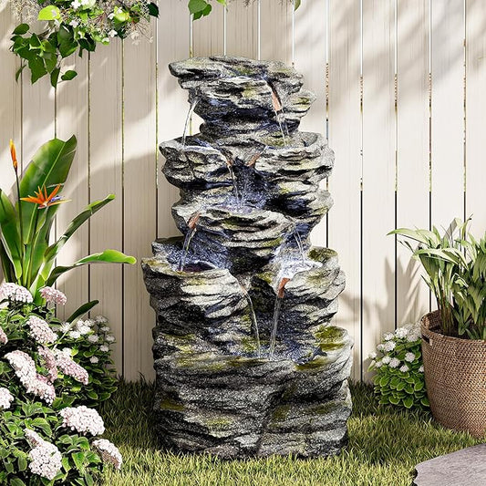 34.3" H Outdoor Water Fountain with LED Lights, 5-Tier Cascading Rock Waterfall for Yard, Garden, Patio, Outdoor Decor Water Features