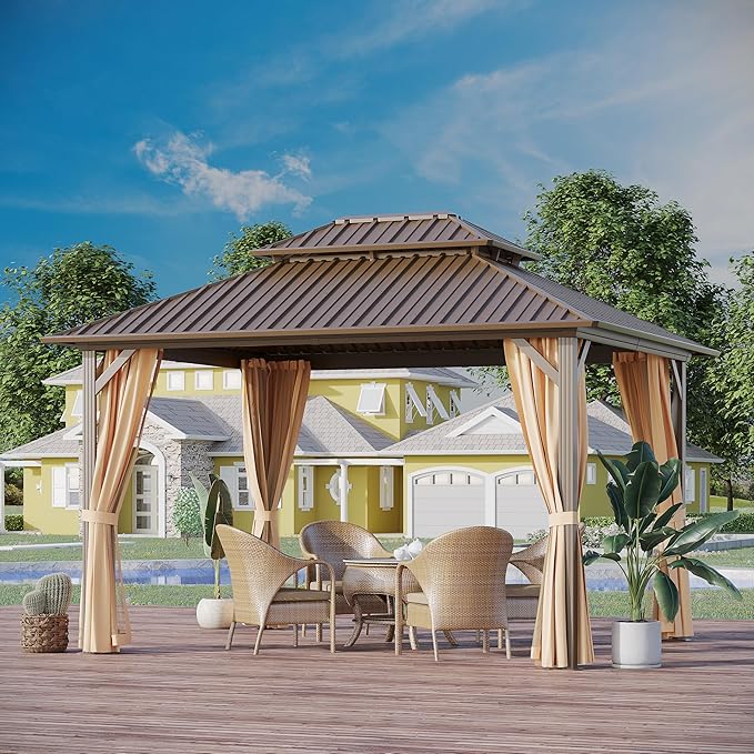 10'x12' Hardtop Gazebo Outdoor Aluminum Patio Gazebo Double Roof Galvanized Steel Canopy with Netting and Curtains for Garden, Backyard,Deck and Lawns
