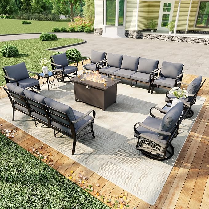 11 Pieces Patio Conversation Sets, All Weather Metal Outdoor Furniture Set, 2 Three-Seater, 4 Swivel Rockers, 2 Single Chairs, 2 Side Tables, 1 Fire Pit Table for Backyard Deck Porch Poolside, Gray