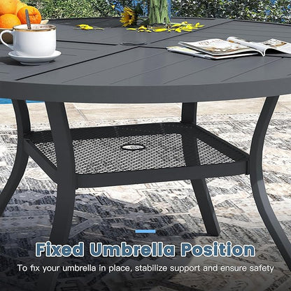 DIFY 47.2" Round Outdoor Patio Dining Table for 6, All-Weather Metal Steel Slatted Patio Table with 1.57" Adjustable Umbrella Hole, for Lawn Garden Porch Backyard, Grey