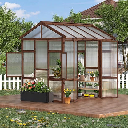 6x8 ft Wooden Greenhouse for Outdoor - Heavy Duty Walk-in Green House Kit with 6 mm Polycarbonate,Ventilated Window & Lockable Door for Backyard,Patio,Lawn