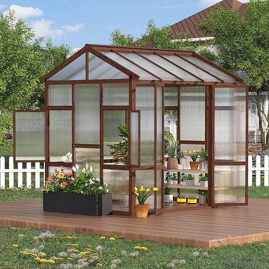 6x8 ft Wooden Greenhouse for Outdoor - Heavy Duty Walk-in Green House Kit with 6 mm Polycarbonate,Ventilated Window & Lockable Door for Backyard,Patio,Lawn