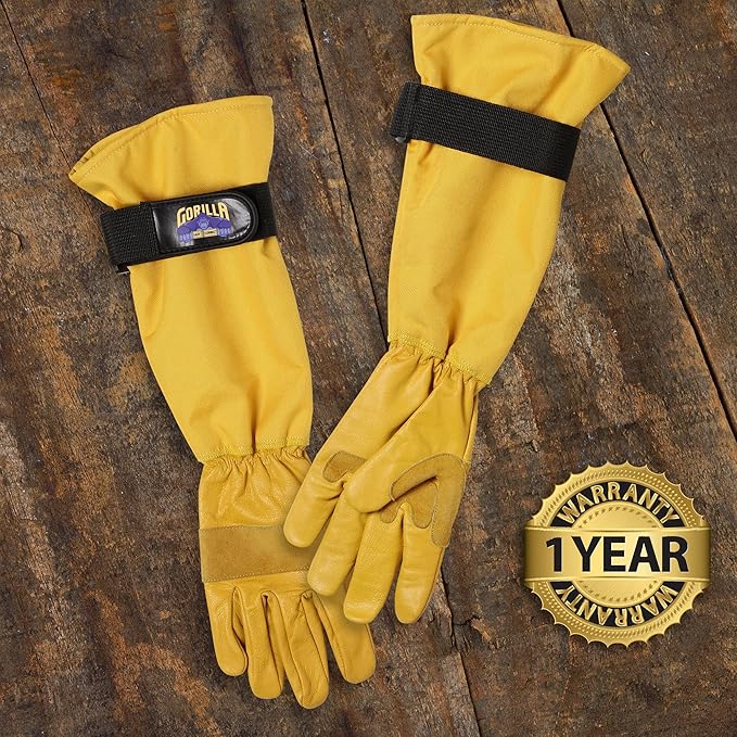 GORILLA EASY CONNECT Gardening Gloves Lightweight Tough Heavy Duty Long Sleeve Leather Pruning Gloves with Adjustable Strap