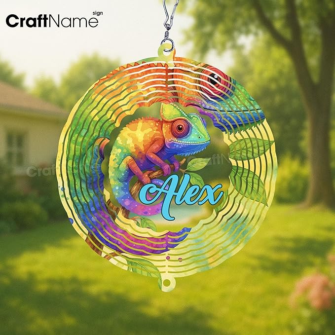 Personalized Chameleon Wind Spinner 3D Stainless Steel, Chameleon Garden Spinner Hanging Outdoor Decor, Wind Spinners Outdoor, Custom Gift for Grandmother, Mom, Wife