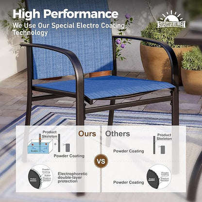 7 Piece Patio Dining Set for 6, 64” Rectangular Wood-Like Steel Dining Table with Umbrella Hole, 6 x Blue Chairs, Outdoor Table and Chairs Set for Lawn Backyard and Deck