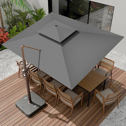 10 X 13 FT Cantilever Outdoor Patio Umbrella with Base Included Large Heavy Duty 360° Rotation Double Top Offset Rectangular Umbrellas with Led Lights for Backyard Outside Deck,Grey
