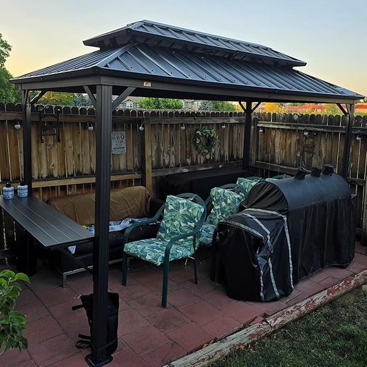 PURPLE LEAF 6.5' X 10' Hardtop Grill Gazebo for Patio Permanent Aluminum Barbeque Shelter Gazebo Canopy with Ceiling Hook and Shelves Double Tiered Grey Outdoor BBQ