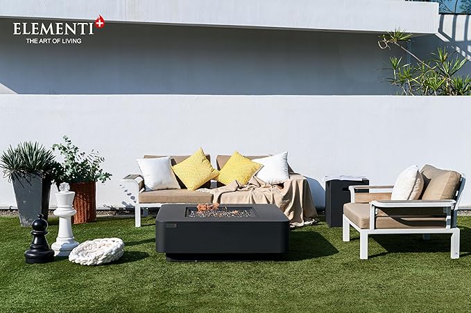 Elementi+ | Bundle Bergamo Gas Fire Pit Cast Concrete 42" Square Fire Table, Outdoor Fire Pit Electronic Ignition | Canvas Cover, Fire Glass and Burner Lid Included | Dark Gray | Natural Gas