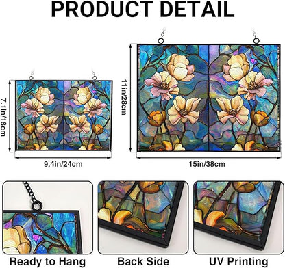 Customized Rectangle Rainbow Lotus Stained Glass Window Hanging, Suncatcher for Women, Stained Glass Window Decor Perfect Home Décor