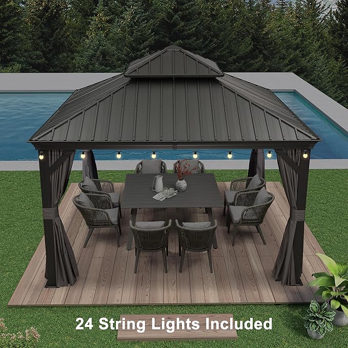 PURPLE LEAF 12' X 12' Outdoor Gazebo with Metal Roof Permanent Hardtop Gazebo with Light for Patio Lawn and Garden Grey