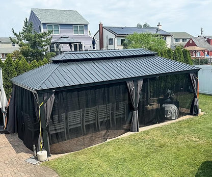 PURPLE LEAF 14' X 28' Outdoor Large Gazebo Permanent Hardtop Gazebo with Galvanized Steel Double Roof for Patio Lawn and Garden, Curtains and Netting Included Grey