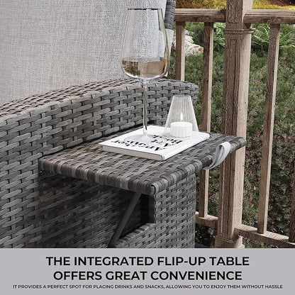 Indoor Outdoor Wicker Recliner Chair with Flip-Up Table Air Pump 155° Lay Flat, Adjustable Wicker Lounge Recliner Chair with Independently Backrest and Footrest Set of 2