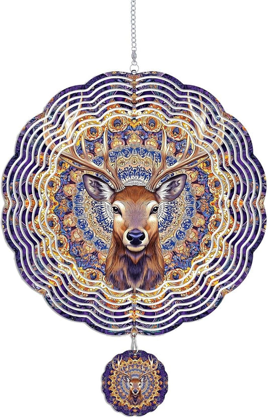 Wind Spinners Outdoor, Purple Brown Elk Deer 3D Stainless Steel Wind Sculpture Spinner for Garden Outside Hanging Decor Mother's Day Christmas Birthday Gifts for Women Men Mom Nana 7.8 in
