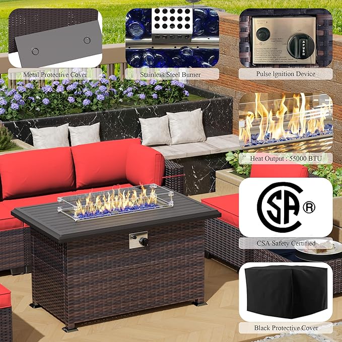 Outdoor Patio Furniture Set with Propane Fire Pit Table, 15 Pieces Outdoor Furniture Patio Sectional Sofa Conversation Sets w/ETL Approved 43" Gas Outdoor Fire Table & Coffee Table(Red)