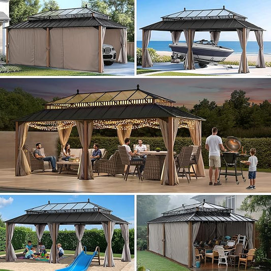 SUNJOY Kingston 20' x 12' Hardtop Gazebo with Galvanized Steel/Polycarbonate Double Roof, Curtain and Netting, Woodgrain Finish Aluminum Posts Permanent Pavilion Gazebo for Garden, Patio, Deck, Lawn