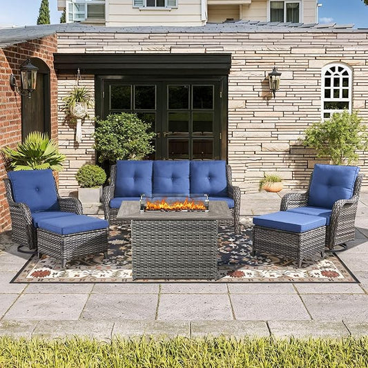 Wicker Outdoor Conversation Se with 50,000 BTU Gas Propane Fire Pit Tablet-6 Pieces Outdoor Wicker High Back Couch Patio Furniture for Deck Poolside Backyard