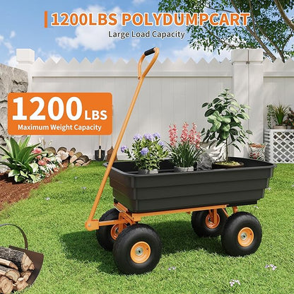Garden Dump Cart, 6 Cu.Ft. 1200Lbs Garden Cart, Heavy-Duty 4 Wheel Wheelbarrow Yard Cart with 13-Inch All-Terrain Wheels, Features A Quick-Release Tipping Function, for Courtyards, Farm, Gardening