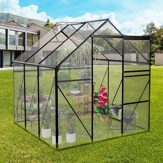 Favfurish 6x6 FT Polycarbonate Walk-in Greenhouse, All Season Garden Green Houses, Aluminum Hot House w/ Raised Base, Adjustable Vent Roof & Sliding Door for Outdoor Backyard, Black