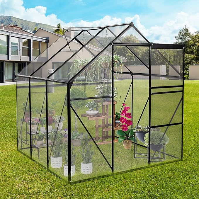 6x6 FT Polycarbonate Greenhouse with Sliding Door and Adjustable Roof, Heavy Duty Aluminum Walk-in Greenhouses w/ Raised Base for Outdoor Garden Backyard,Black