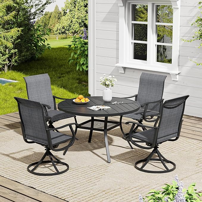 VICLLAX 5 Pieces Outdoor Dining Set, Patio Furniture Set of 4 Patio Swivel Dining Chairs and 40.6" Patio Spliced Round Tabletop with Storage Shelf, Dark Charcoal Chairs & Black Tabletop