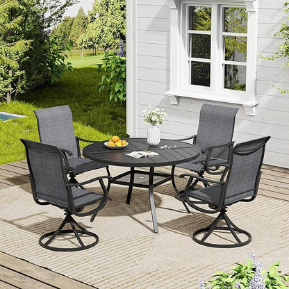 VICLLAX 5 Pieces Outdoor Dining Set, Patio Furniture Set of 4 Patio Swivel Dining Chairs and 40.6" Patio Spliced Round Tabletop with Storage Shelf, Dark Charcoal Chairs & Black Tabletop