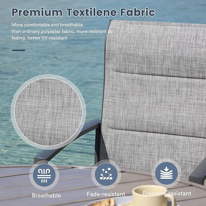 VICLLAX 7 Pieces Patio Dining Set for 6, All Weather Outdoor Furniture - 47.2" Round Patio Table and Swivel Padded Chairs, Grey Tabletop and Fabric