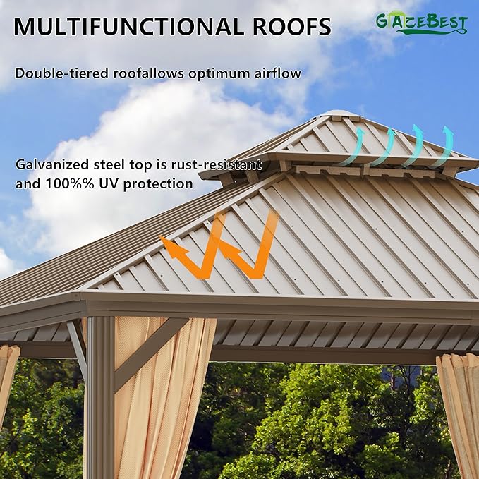 12x12 ft Hardtop Gazebo Outdoor Aluminum Patio Gazebo Double Roof Galvanized Steel Canopy with Netting and Curtains for Garden, Backyard,Deck and Lawns