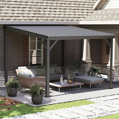 Domi 10’x10’ Lean-to Gazebo, Hardtop Wall-Mounted Gazebo Pergola with Sloping Galvanized Steel Roof and Upgraded Drainage System, Outdoor Permanent Metal Shelters for Patio Backyard Deck, Grey