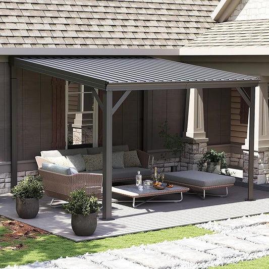Domi 10’x10’ Lean-to Gazebo, Hardtop Wall-Mounted Gazebo Pergola with Sloping Galvanized Steel Roof and Upgraded Drainage System, Outdoor Permanent Metal Shelters for Patio Backyard Deck, Grey