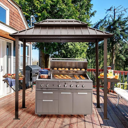Domi 8'x6' Grill Gazebo Hardtop Aluminum BBQ Gazebo with Bar Shelves and Ceiling Hooks, Double Metal Roof Outdoor Gazebos for Patio Lawn Garden Deck (Dark Brown)