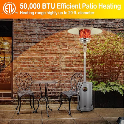 Hykolity 50,000 BTU Patio Heater with Sand Box, Table Design, Double-Layer Stainless Steel Burner, Wheels, Tip-over Protection System, Outdoor Heater for Home and Residential, Silver