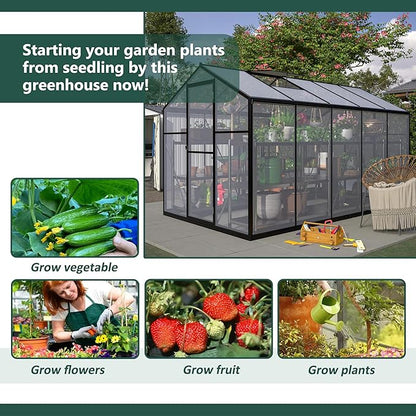 Favfurish 6x10 FT Greenhouses for Outdoors,Heavy Duty Polycarbonate Greenhouse,Lockable Walk-in Green House Sunroom w/ Roof Vent,Aluminum Hot House for Garden Plants Backyard Patio,Black