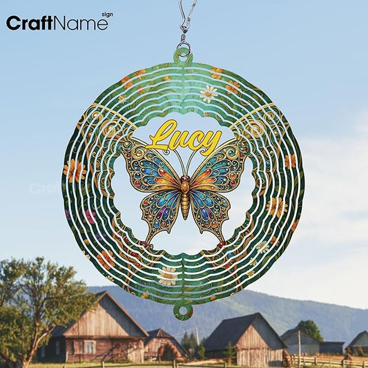 Personalized Butterfly Wind Spinner 3D Stainless Steel, Butterfly Garden Spinner Hanging Outdoor Decor, Wind Spinners Outdoor, Custom Gift for Grandmother, Mom, Wife