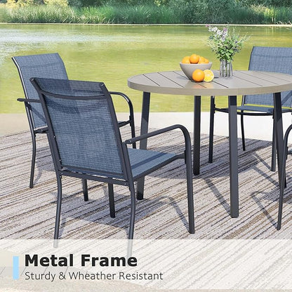5 Pieces Round Dining Table Set for 4, Patio Dining Set Includes 4 Blue Stackable Patio Chairs and 1 Honey Oak Round Table, Patio Furniture Sets with Sling Support for Outside, Garden