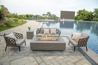 AMS Creations | Madison 60" Bundle Rectangular Natural Gas Outdoor Fire Pit Table | Light Gray Concrete GFRC | Limestone Texture or Surface | Electronic Ignition | Outside Backyard Fireplace