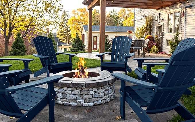 YEFU Adirondack Chairs Set of 4: Outdoor Chair HIPS Plastic Adirondack Chairs - Patio Chairs with Wood Texture - Lawn Fire Pit Deck Porch Garden Chairs for Adults (Navy Blue)