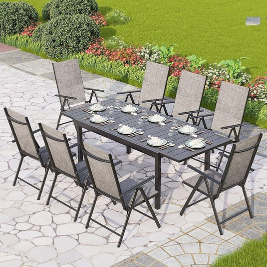 PHI VILLA 9 Piece Outdoor Dining Set, All Weather Furniture Patio Table and Chairs for 8 with Adjustable Lightweight Patio Folding Dining Chairs (Grey) & Extendable Metal Table for Garden, Yard