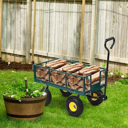 Heavy Duty Garden Cart On Wheels - 550LBS Metal Wagon with 10" Pneumatic Wheels, 180° Rotating Handle & Removable Sides - All-Terrain Yard Wagon for Farm, Beach & Outdoor Use