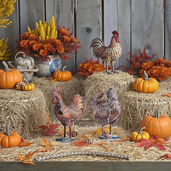 Metal Rooster Statue Garden Yard Decor,15.7"L x 18.8"H Metal Chickens Yard Art, Vintage Outdoor Chicken Rooster Figurine for Backyard Patio Lawn Home Kitchen Decorations, Gift for Chicken Lovers