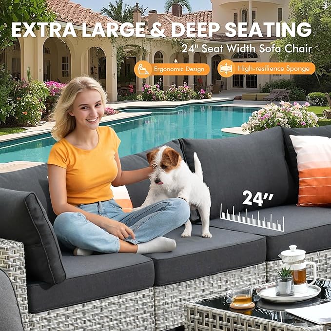 Outdoor Sectional Patio Furniture Set with Fire Pit Table and Glowing Table,8 Pieces Wicker Conversation Sets L Shaped Couch Out Door Sofa Set Outside Furniture for Garden Deck Yard,Black