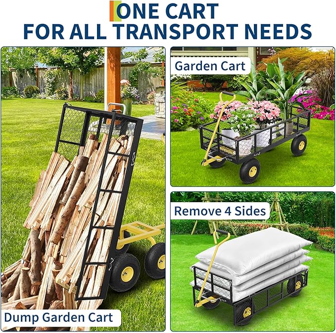 GarveeLife 900 LBS Garden Dump Cart with Removable Sidewalls, Heavy Duty Steel Dump Wagon with 180° Swivel Handle & 10 in Tires, Yard Cart Utility Wheelbarrow for Backyard Farm