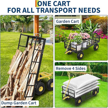 GarveeLife 900 LBS Garden Dump Cart with Removable Sidewalls, Heavy Duty Steel Dump Wagon with 180° Swivel Handle & 10 in Tires, Yard Cart Utility Wheelbarrow for Backyard Farm