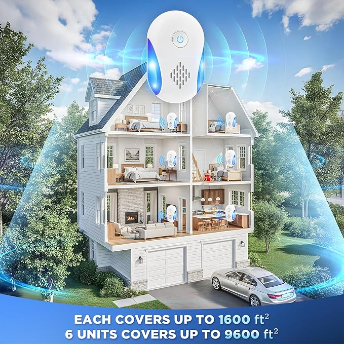 (2025 Upgraded) Ultrasonic Insect & Pest Indoor Repeller, Plug-in Control Device Electronic Repellent for Rodent, Rats, Mice, Roaches, Bugs, Ants, Spiders, Mosquitoes, 2 Mode Switching (6 Pack)