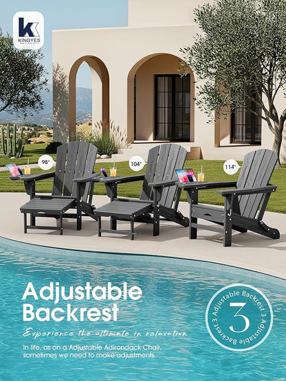 KINGYES Folding Adjustable Adirondack Chair with Ottoman & 2 Cup Holders Set of 2, HDEP Adirondack Chair with Footrest, Grey